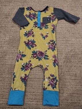 Kids Floral One-Piece Romper in Mustard with Teal Accents
